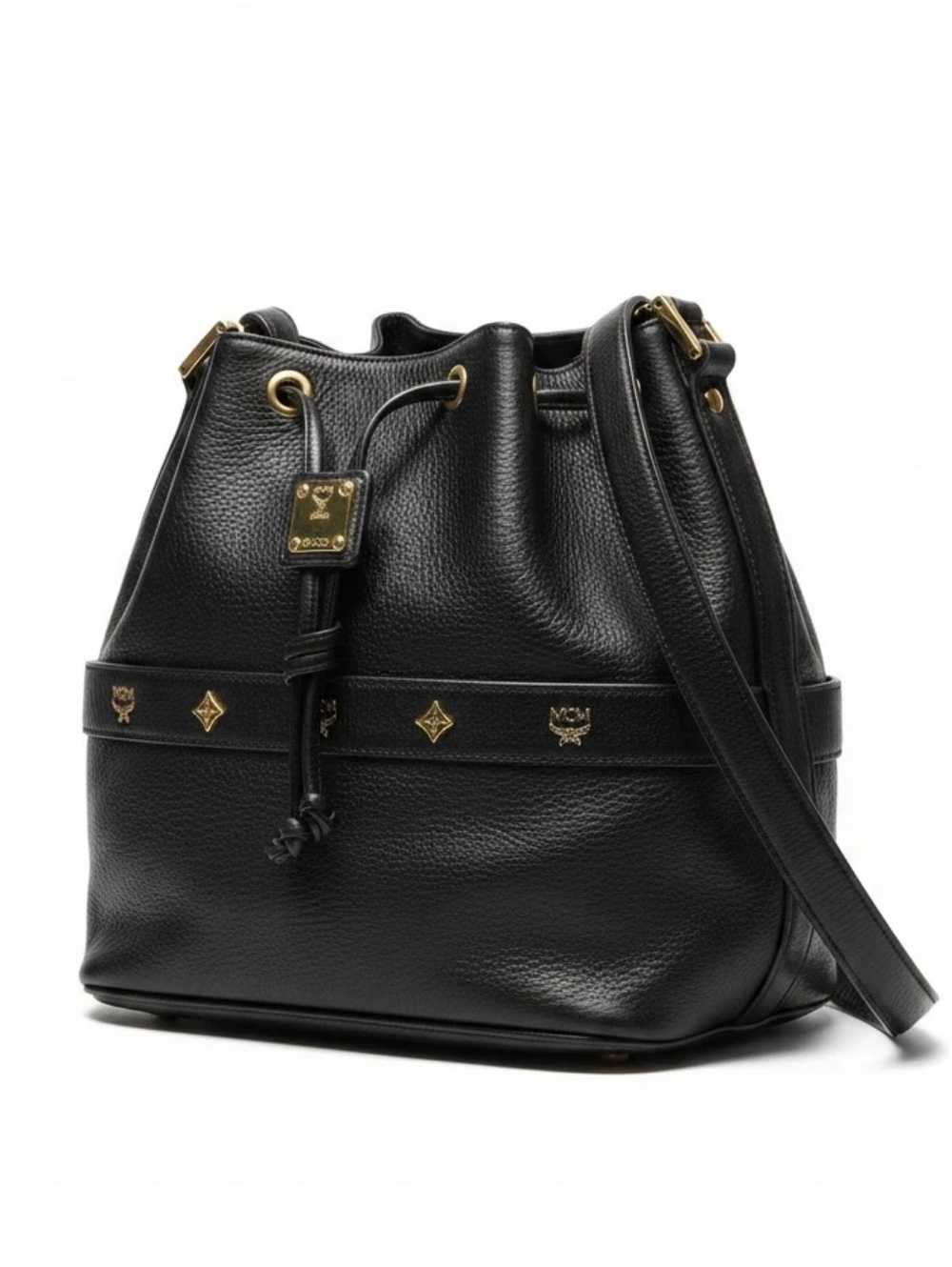 MCM Vintage Black Pebbled Leather Drawstring Shoulder Bag with Gold Hardware